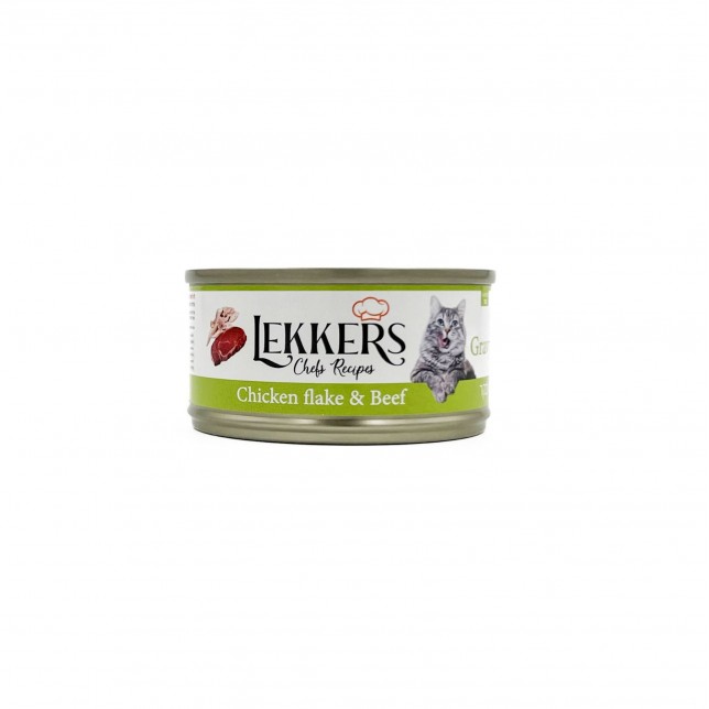 LEKKERS - מעדן חתולים טבעי טונה אדומה, פתיתי עוף ובקר 85 ג'